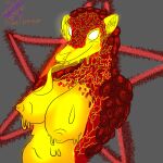  absurd_res anthro big_breasts breasts discodemon elemental_creature female fire fire_creature glowing glowing_eyes hi_res lava lava_creature long_tongue mammal melting mineral_fauna pangolin pentagram red_body scales sketch solo solo_focus tongue 