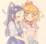  2girls asahina_mirai bangs blonde_hair blue_skirt blunt_bangs blush commentary_request half_updo itomugi-kun izayoi_liko long_hair mahou_girls_precure! multiple_girls one_side_up open_mouth precure purple_eyes short_bangs short_hair skirt sleeping swept_bangs zzz 