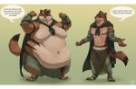  2021 anthro athdar baen_(nissandriver217) biglovealicia brown_body brown_fur clothing comparing digital_media_(artwork) digitigrade duo english_text fur huge_belly male mammal moobs mustelid signature simple_background size_difference smile speech_bubble text thick_arms thick_thighs 