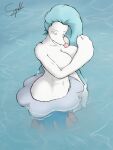  anthro big_breasts big_hands blue_body blue_hair breasts bulbous_nose cleavage clothed clothing covering covering_breasts covering_self eyes_closed female fin flipper_hands flippers frill_(anatomy) generation_7_pokemon hair hi_res long_hair mammal marine membrane_(anatomy) membranous_frill merfolk navel nintendo nude partially_submerged pinniped pokemon pokemon_(species) primarina seal sergiroth signature snout solo spikes spikes_(anatomy) split_form submissive water white_body wide_hips 