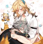  ... 2boys ? alhaitham_(genshin_impact) anger_vein aqua_eyes aqua_hair black_shirt blonde_hair blue_feathers brown_hair chibi e7lilyy earrings feather_hair_ornament feathers fox genshin_impact grey_hair hair_ornament heart highres jewelry kaveh_(genshin_impact) long_hair male_focus multiple_boys open_clothes open_shirt red_eyes shirt short_hair speech_bubble star_(symbol) white_shirt yaoi 