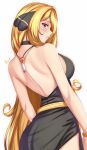  1girl anisdrawn ass backless_dress backless_outfit bare_shoulders black_dress blonde_hair blush bracelet breasts closed_mouth cynthia_(pokemon) dress from_behind gold_bracelet grey_eyes hair_ornament highres jewelry large_breasts lips long_hair looking_back pendant pokemon pokemon_(game) pokemon_dppt profile simple_background solo very_long_hair white_background 