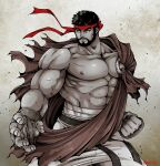  1boy abs bara beard belt black_belt black_hair clenched_hand closed_mouth facial_hair fighting_stance fingerless_gloves gloves headband highres large_pectorals male_focus miru_(mill_36) muscular muscular_male navel nipples pants pectorals red_headband ryu_(street_fighter) short_hair solo street_fighter street_fighter_6 twitter_username white_pants 