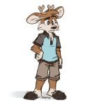  anthro antlers barefoot black_eyes black_nose black_polo_shirt blue_polo_shirt bottomwear brown_body brown_fur clothing darwin_(tinydeerguy) deer feet fur hand_on_hip hi_res hooves horn khaki_shorts male mammal polo_shirt shadow shirt shorts signature simple_background solo tan_body tan_fur tinydeerguy topwear white_background 