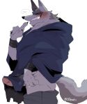  anthro bottomwear canid canine canis claws cloak clothing covered_penis death_(puss_in_boots) erection hi_res hyaku_(artist) male mammal pants red_eyes solo wolf wristband 