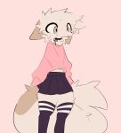 ambiguous_gender anthro big_tail black_bottomwear black_clothing black_legwear black_nose black_skirt black_thigh_highs bottomwear brown_ears brown_eyes brown_markings canid canine canis choker clothing domestic_dog exposed_belly fluffy fluffy_hair fur goobysart hair hi_res jewelry jordyn_(goobysart) legwear male mammal markings neck_tuft necklace pattern_clothing pattern_legwear pattern_thigh_highs pink_background pink_clothing pink_sweater pink_topwear simple_background skirt solo standing striped_clothing striped_legwear striped_thigh_highs stripes sweater tail tan_body tan_fur thick_thighs thigh_highs topwear tuft 