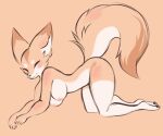  all_fours anthro big_ears blush breasts butt canid canine circle_eyebrows countershading eyebrows eyes_closed female fennec fluffy fluffy_tail fox fur hanging_breasts hi_res leg_markings mammal markings moonphase249 nipples nude paws side_view simple_background smile socks_(marking) solo tail tan_background tan_body tan_fur white_body white_fur 