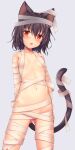  1girl absurdres animal_ears bandages breasts brown_hair cat_ears cat_girl cat_tail highres kida_kuro_mu looking_at_viewer naked_bandage navel original red_eyes short_hair slit_pupils small_breasts stomach tail tongue tongue_out 