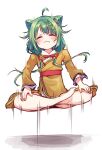  1girl :&lt; ahoge barefoot belt blush bow bowtie braid braided_bangs closed_eyes closed_mouth cone_hair_bun damenano104 double_bun floating full_body green_hair hair_bun hands_on_own_legs heruka_(madoka_magica) highres long_hair long_sleeves lotus_position magia_record:_mahou_shoujo_madoka_magica_gaiden mahou_shoujo_madoka_magica mandarin_collar no_nose red_belt red_bow red_bowtie simple_background sitting solo sweat twintails very_long_hair white_background yellow_tunic 