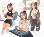  1girl bbybluemochi brown_eyes choker cleavage_cutout clothing_cutout coffee earrings english_text highres jacket jewelry looking_at_viewer open_clothes open_jacket pants signature tattoo tianguan_cifu torn_clothes torn_pants turtleneck xie_lian 
