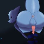  1:1 a_vaporeon absurd_res anthro anus backsack balls blue_balls blue_body blue_eyes bodily_fluids butt buttons_(a_vaporeon) chameleon clothing genital_fluids genitals hi_res horn hybrid kobold leggings legwear lizard looking_at_viewer looking_back looking_back_at_viewer male penis precum presenting presenting_anus presenting_hindquarters raised_tail reptile scalie smile smirk solo tail y_anus 