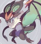  akadako animal_focus bags_under_eyes bright_pupils colored_sclera commentary green_sclera grey_background grey_outline looking_at_viewer neck_fur no_humans noivern one-hour_drawing_challenge open_mouth pokemon pokemon_(creature) ringed_eyes solo spiral_background tongue tongue_out white_pupils yellow_eyes 