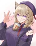  1girl absurdres animal_ear_fluff animal_ears arknights beret breasts bubble_tea_challenge cat_ears drink drinking drinking_straw drinking_straw_in_mouth glasses hair_ornament hairclip hat highres jacket large_breasts layered_sleeves light_brown_hair looking_at_viewer milk_tea open_clothes open_jacket purple_eyes purple_jacket purple_shirt runyo_(yale12312) shirt smile solo utage_(arknights) utage_(disguise)_(arknights) 