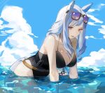  1girl absurdres animal_ears bare_shoulders belt black_belt black_one-piece_swimsuit blue_sky breasts brown-framed_eyewear brown_belt cleavage cloud collarbone commentary_request day eggw0v0wegg eyewear_on_head gold_ship_(run_revolt_launcher)_(umamusume) gold_ship_(umamusume) grey_hair highres horse_ears horse_girl horse_tail large_breasts leaning_forward looking_at_viewer one-piece_swimsuit outdoors purple-tinted_eyewear purple_eyes sky smile solo super_smashing_summer_vacation_(umamusume) swimsuit tail tinted_eyewear umamusume water 