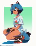  1girl animal_ears black_hair blue_hair blue_shorts brand_new_animal cellphone closed_mouth furry furry_female gradient_background green_background green_eyes holding holding_phone kagemori_michiru looking_at_viewer michirutnk multicolored_hair phone raccoon_ears raccoon_girl raccoon_tail sandals shirt short_hair short_sleeves shorts smile solo squatting t-shirt tail toes two-tone_hair white_shirt 