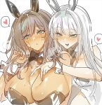  2girls :d :o animal_ear_headwear animal_ears ascot black_ascot black_bow black_bowtie black_leotard blanc_(nikke) blunt_bangs blush bow bowtie breasts brown_hair cleavage dark-skinned_female dark_skin deep_skin fake_animal_ears fang goddess_of_victory:_nikke hair_intakes hand_on_another&#039;s_chest heart highres huge_breasts leotard long_hair medium_breasts mimlmi multiple_girls noir_(nikke) open_mouth parted_lips playboy_bunny rabbit_ears simple_background skin_fang smile spoken_heart strapless strapless_leotard sweat upper_body white_background white_hair white_leotard wrist_cuffs yellow_eyes 