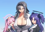  3girls black_gloves black_hairband black_jacket blue_archive blue_background blush_stickers breasts cleavage commentary_request empty_eyes fang female_sensei_(blue_archive) fingerless_gloves gloves grey_eyes grey_hair hair_ornament hairband halo hand_on_another&#039;s_head huge_breasts id_card jacket koyuki_(blue_archive) long_hair looking_at_breasts melon22 multiple_girls necktie open_mouth parted_lips pink_hair purple_hair sensei_(blue_archive) shirt sweat twintails two_side_up upper_body white_jacket yuuka_(blue_archive) 