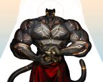  2023 abdominal_markings anthro arm_markings belt big_abs big_biceps big_deltoids big_muscles big_pecs big_triceps black_body black_fur black_hair bottomwear chest_markings clothing felid fur gold_markings hair hand_markings hi_res light male mammal markings muscular muscular_anthro muscular_male navel obliques orange_sclera pantherine pecs red_bottomwear red_clothing ripisgod rope rope_belt shoulder_markings solo sunlight tail tail_markings vein veiny_muscles window yellow_eyes 