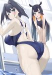 2girls absurdres ass bent_over black_hair black_one-piece_swimsuit blue_eyes blue_hair blue_one-piece_swimsuit breasts byeon_dha grey_eyes highres hololive hololive_english large_breasts long_hair multiple_girls ninomae_ina&#039;nis one-piece_swimsuit ouro_kronii pool pool_ladder short_hair sideboob small_breasts swimsuit tentacle_hair virtual_youtuber wading water 