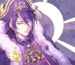  1boy ascot blonde_hair cape closed_mouth cow_boy cow_horns expressionless formal fur-trimmed_cape fur_trim glasses green_eyes hat horns jacket long_sleeves looking_at_viewer male_focus mel6969 multicolored_hair orion_(show_by_rock!!) purple_ascot purple_cape purple_hair purple_jacket short_hair show_by_rock!! solo 