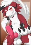  3_fingers animal_genitalia animal_penis anthro balls blush canine_genitalia canine_penis erection fingers generation_7_pokemon genitals grin hi_res knot lycanroc male midnight_lycanroc nintendo nude penis pokemon pokemon_(species) simple_background smile solo wolfonia 