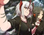  2girls alternate_costume annoyed antenna_hair arknights arm_tattoo black_hair black_shirt blurry breasts closed_mouth commentary demon_horns depth_of_field dog_tags english_commentary grey_hair grin highres horns ines_(arknights) jewelry long_hair looking_at_viewer medium_breasts multicolored_hair multiple_girls necklace outdoors parted_bangs red_eyes red_hair samacho selfie shirt short_hair slit_pupils smile snowing t-shirt tattoo turtleneck two-tone_hair upper_body v v-shaped_eyebrows w_(arknights) wristband yellow_eyes 