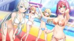  4girls :d armpits asakura_kirika bare_arms bikini bikini_under_clothes blonde_hair blue_bikini blue_eyes blush bow breasts brown_eyes brown_hair cleavage closed_mouth collarbone floating_hair floral_print frilled_bikini frills front-tie_bikini_top front-tie_top game_cg green_eyes grey_hair hair_bow hair_ribbon halterneck highres kamisama_no_you_na_kimi_e kantoku lana_liddell-hart leaning_forward long_hair looking_at_viewer medium_breasts multiple_girls navel open_mouth orange_bikini outdoors outstretched_arms pink_bikini pink_bow poolside print_bikini purple_eyes red_hair ribbon shirt side-tie_bikini_bottom sleeveless sleeveless_shirt smile sonomura_hazuki spaghetti_strap straight_hair strap_gap sunlight swept_bangs swimsuit tsukuyomi_(kamikimi) twintails very_long_hair white_bikini white_ribbon white_shirt 