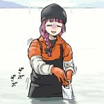  1girl =_= apron bag beanie black_headwear black_shirt bocchi_the_rock! bow braid braided_ponytail closed_eyes coat gloom_(expression) hair_bow hat hiroi_kikuri holding holding_bag horizon long_hair long_sleeves matsuoka_shuuzou motion_lines ocean open_mouth orange_coat outdoors plastic_bag purple_hair sharp_teeth shirt solo sound_effects teeth torako_(toramaru) wading water 