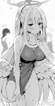  1girl angel_wings blue_archive blunt_bangs blurry blurry_background blush breasts cleft_of_venus collarbone finger_to_mouth flashing greyscale groin halo highres karikura_(atatata71) large_breasts long_hair looking_at_viewer mika_(blue_archive) monochrome people school_swimsuit shushing simple_background swimsuit swimsuit_tug tile_floor tiles trinity_general_school_swimsuit very_long_hair water_drop wings 