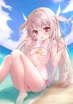  1girl :d :p ascot beach bikini blonde_hair blush breasts candy detached_collar exhibitionism fate/kaleid_liner_prisma_illya fate_(series) feather_hair_ornament feathers food hair_between_eyes hair_ornament hands_up highres holding holding_candy holding_food holding_lollipop holding_syringe illyasviel_von_einzbern knees_together_feet_apart legs lollipop long_hair looking_at_viewer looking_to_the_side magical_ruby navel nipples ocean outdoors partially_submerged petite pink_bikini pink_eyes pink_feathers public_indecency public_nudity red_eyes shaian side-tie_bikini_bottom sitting small_breasts smile solo sun sunlight swimsuit syringe thighs tongue tongue_out topless very_long_hair yellow_ascot 