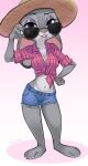  3_toes anthro bottomwear breasts buckteeth claws clothed clothing cutoffs denim denim_clothing digital_media_(artwork) disney eyewear feet female fingers fur grey_body grey_fur half-closed_eyes hat headgear headwear hi_res judy_hopps lagomorph leporid looking_at_viewer mammal midriff narrowed_eyes navel open_mouth purple_eyes rabbit shirt shorts simple_background siroc smile solo straw_hat teeth toe_claws toes tongue topwear zootopia 