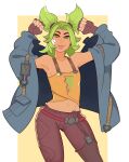  1girl bandaid bandaid_on_cheek bandaid_on_face blue_jacket brown_pants camisole commentary contrapposto fingerless_gloves flat_chest gloves green_eyes green_hair highres jacket league_of_legends navel orange_camisole pants solo splashbrush tongue tongue_out two_side_up zeri_(league_of_legends) 