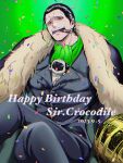  1boy animal animal_in_clothes annoyed ascot black_hair cigar collared_shirt confetti crocodile_(one_piece) crossed_legs dog feet_out_of_frame furrowed_brow hair_slicked_back happy_birthday highres hook_hand male_focus mature_male one_piece pectorals puppy scar scar_on_face scar_on_nose shirt short_hair smoking solo stitches suit z9220nk8 