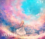  1girl ahoge album_cover axleaki back_bow blonde_hair blue_sky bow braid chinese_commentary cloud commentary_request cover dress english_text forest from_behind highres light_particles long_hair nature original outdoors puffy_short_sleeves puffy_sleeves scenery short_sleeves sky solo sparkle standing very_long_hair white_dress wide_shot 