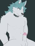  absurd_res anthro blue_body blue_fur brand_new_animal canid canine canis circumcised collar collar_only erection fur genitals grey_background grey_body grey_eyes grey_fur hi_res hikaridraws male mammal muscular muscular_male nude penis shirou_ogami simple_background solo studio_trigger wolf 