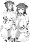  1girl :d absurdres animal_ears animal_print bare_shoulders bell blush breasts choker cleavage collarbone cow_ears cow_horns cow_print cow_tail detached_sleeves fake_animal_ears fake_tail grey_background highres horns hotate-chan large_breasts looking_at_viewer medium_hair monochrome multiple_views navel open_mouth original sidelocks smile stomach tail 