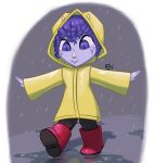  2022 3_horns aged_down anthro artist_name boots ceratopsian child clothing coat digital_drawing_(artwork) digital_media_(artwork) dinosaur ei_art female fingers footwear goodbye_volcano_high hair horn multi_horn ornithischian puddle purple_body purple_eyes purple_hair purple_scales raincoat raining reptile scales scalie short_hair simple_background snoot_game_(fan_game) solo topwear triceratops trish_(gvh) water watermark young 