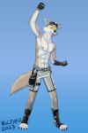  2023 4_toes 5_fingers abs absurd_res anthro athletic athletic_anthro athletic_male belt black_nose bottomwear canid canine canis claws clothed clothing dewclaw digital_media_(artwork) epic_games fangs feet finger_claws fingerless_gloves fingers fist_pump footwear fortnite fur gloves grey_body grey_fur handwear hat headgear headwear hi_res hindpaw humanoid_hands male mammal multicolored_body multicolored_fur navel nipples open_mouth open_smile paws shorts signature smile solo teeth toeless_footwear toes tongue tongue_out topless topless_anthro topless_male two_tone_body two_tone_fur wendell_(fortnite) white_body white_fur wolf wolfariz 