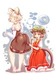  2girls animal_ears ass barefoot black_dress bow bowtie brown_eyes brown_hair capelet cat_ears cat_tail chen dress earrings flat_chest furim gold_trim grey_hair hat highres jewelry kneeling licking_tail long_sleeves mob_cap mouse_ears mouse_tail multiple_girls multiple_tails nazrin nekomata outline petite puffy_short_sleeves puffy_sleeves red_skirt red_vest short_hair short_sleeves skirt skirt_set tail tongue tongue_out touhou two_tails vest white_outline yellow_bow yellow_bowtie yuri 
