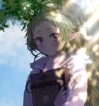 1girl blue_sky book closed_mouth cloud day elf green_hair highres holding holding_book hood hooded_jacket jacket kiyo_(a_sam_ko) looking_at_viewer mushoku_tensei outdoors pointy_ears red_eyes short_hair sky smile solo sylphiette_(mushoku_tensei) white_jacket 
