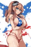  1girl absurdres alternate_costume american_flag_bikini arm_under_breasts bikini blue_eyes breasts brown_hair cameltoe cowboy_shot flag_print hair_between_eyes high_side_ponytail highres kantai_collection large_breasts long_hair multi-strapped_bikini_bottom navel nestleo ponytail saratoga_(kancolle) side_ponytail sidelocks smokestack_hair_ornament solo standing swimsuit 