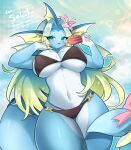  accessory anthro big_breasts bikini blue_body blue_eyes blush bodily_fluids breasts cleavage clothed clothing detailed_background digital_media_(artwork) eeveelution female flower flower_in_hair food generation_1_pokemon hair hair_accessory hi_res holding_object looking_at_viewer mammal navel nintendo open_mouth outside plant pokemon pokemon_(species) pokemorph popsicle sbi_arki smile solo sweat sweatdrop swimwear tail thick_thighs tongue tongue_out vaporeon 