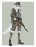  1girl absurdres ak-74 animal_ears assault_rifle backpack bag bangs blue_eyes border bundeswehr camouflage chest_rig fox_ears fox_girl fox_tail german_flag green_background gun highres kalashnikov_rifle liemiao707 long_hair looking_at_viewer military military_uniform original rifle scope solo tail trigger_discipline uniform weapon white_border white_hair 