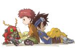  agumon back-to-back bug child digimon digimon_(creature) digimon_adventure digimon_adventure:_bokura_no_war_game goggles goggles_on_head ichifuji_nitaka multiple_boys red_hair simple_background sleeping tentomon white_background yagami_taichi 