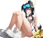  1girl animal_ears ass bare_legs bare_shoulders black_hair blue_archive blue_eyes breasts cheerleader cleavage crop_top detached_collar dog_ears dog_girl dog_tail eyewear_on_head facial_mark goggles goggles_on_head halo halterneck hibiki_(blue_archive) hibiki_(cheer_squad)_(blue_archive) holding holding_pom_poms large_breasts long_hair looking_at_viewer millennium_cheerleader_outfit_(blue_archive) official_alternate_costume on_floor open_mouth panties pom_pom_(cheerleading) ponytail safety_glasses sarika shoes skirt sneakers solo star_(symbol) star_facial_mark star_sticker sticker_on_face tail text_print underwear upskirt white_background white_footwear white_panties yellow_halo 