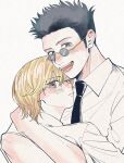  1boy 1other androgynous araziru_nnn black_hair blonde_hair brown_eyes collared_shirt highres hug hunter_x_hunter kurapika leorio_paladiknight looking_at_viewer necktie round_eyewear shirt short_hair simple_background spiked_hair upper_body white_background white_shirt 