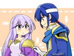  1boy 1girl blue_cape blue_eyes blue_hair brother_and_sister cape circlet dress fire_emblem fire_emblem:_genealogy_of_the_holy_war headband julia_(fire_emblem) looking_at_another ponytail purple_eyes purple_hair seliph_(fire_emblem) siblings simple_background white_headband yukia_(firstaid0) 