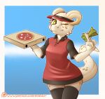  2019 anthro atane27 banknote blue_background border breasts claws clothed clothing curled_horn delivery_(commerce) delivery_employee eyelashes female food_carrier food_delivery front_view green_eyes hat headgear headwear holding_money holding_object holding_pizza_box horn kobold legs_together legwear looking_at_viewer money one_eye_closed ora_(peewee) outline pizza_box pizza_delivery pizza_delivery_carrier portrait pupils scalie simple_background slit_pupils smile solo standing text thigh_highs three-quarter_portrait uniform url visor_cap white_border white_claws white_horn wide_hips wink winking_at_viewer 
