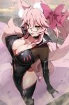  1girl animal_ear_fluff animal_ears black_bodysuit bodysuit bow breasts center_opening choker cleavage fate/grand_order fate_(series) fox_ears fox_girl fox_tail glasses hair_between_eyes hair_bow highres hip_vent koyanskaya_(assassin)_(first_ascension)_(fate) koyanskaya_(fate) large_breasts long_hair looking_at_viewer open_mouth pink_bow pink_hair ponytail sidelocks smile solo tail tamamo_(fate) thighs toyosu yellow_eyes 