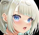  1girl blue_eyes blush close-up earrings glowing glowing_eyes highres itoi_toi_(neo-porte) jewelry lips looking_at_viewer neo-porte open_mouth prsdubstep short_hair signature solo sparkling_eyes virtual_youtuber white_hair 